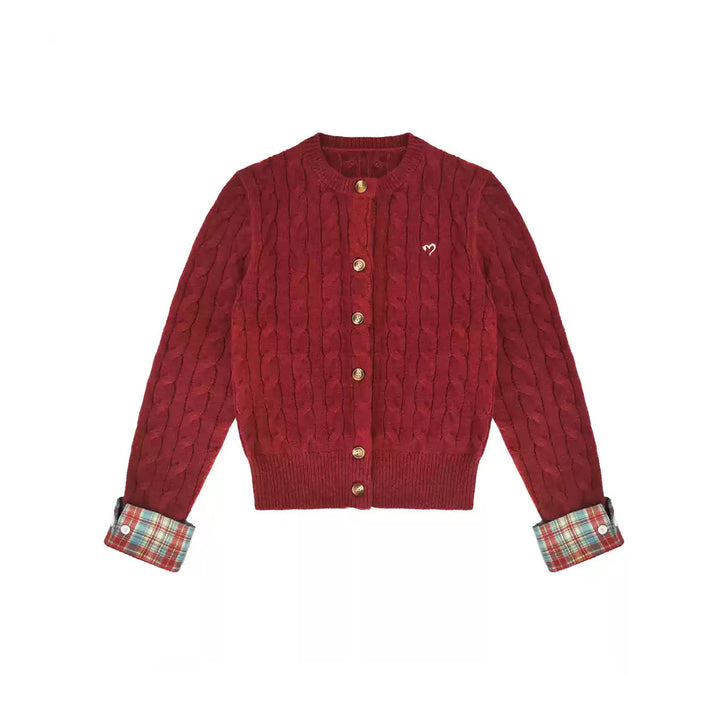 AsGony Blended Woolen Plaid Patchwork Knit Cardigan Red