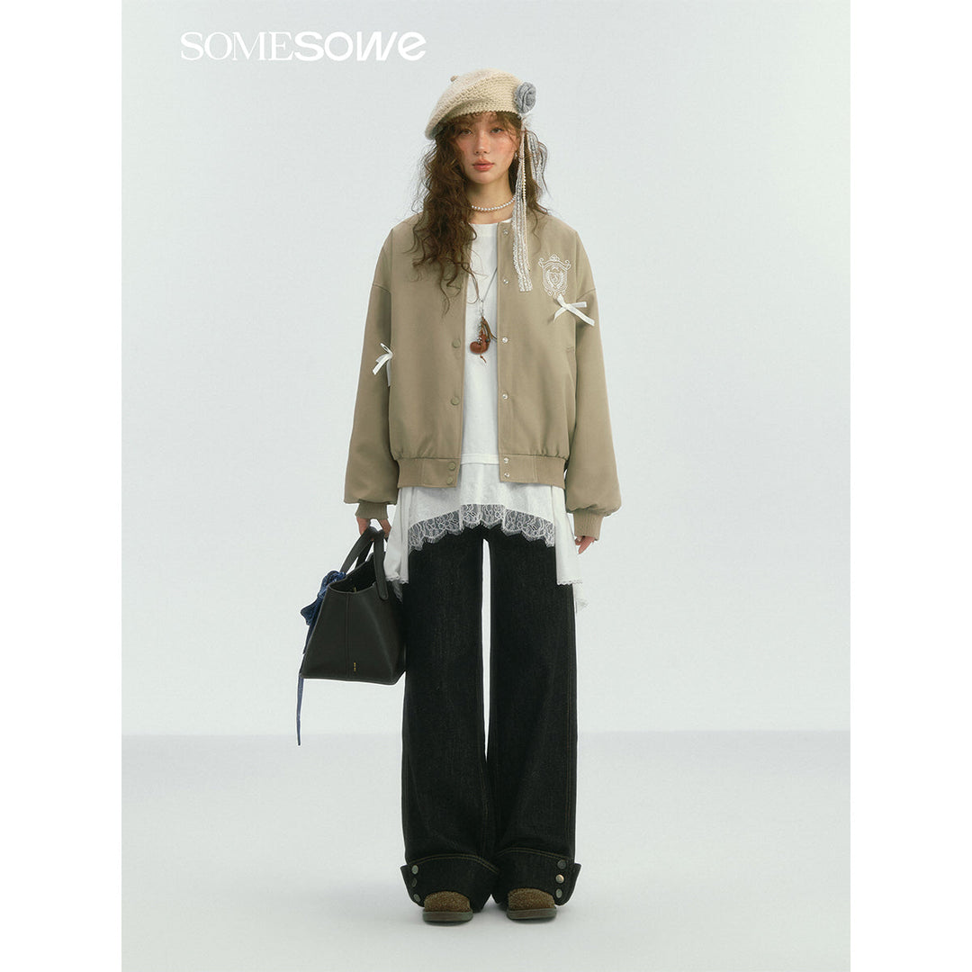 SomeSowe Bow Badge Casual Baseball Jacket Khaki