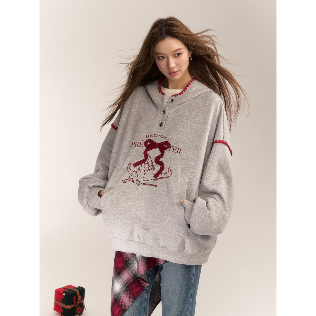 AsGony 3D Bow Knot Contrast Color Casual Hoodie Gray