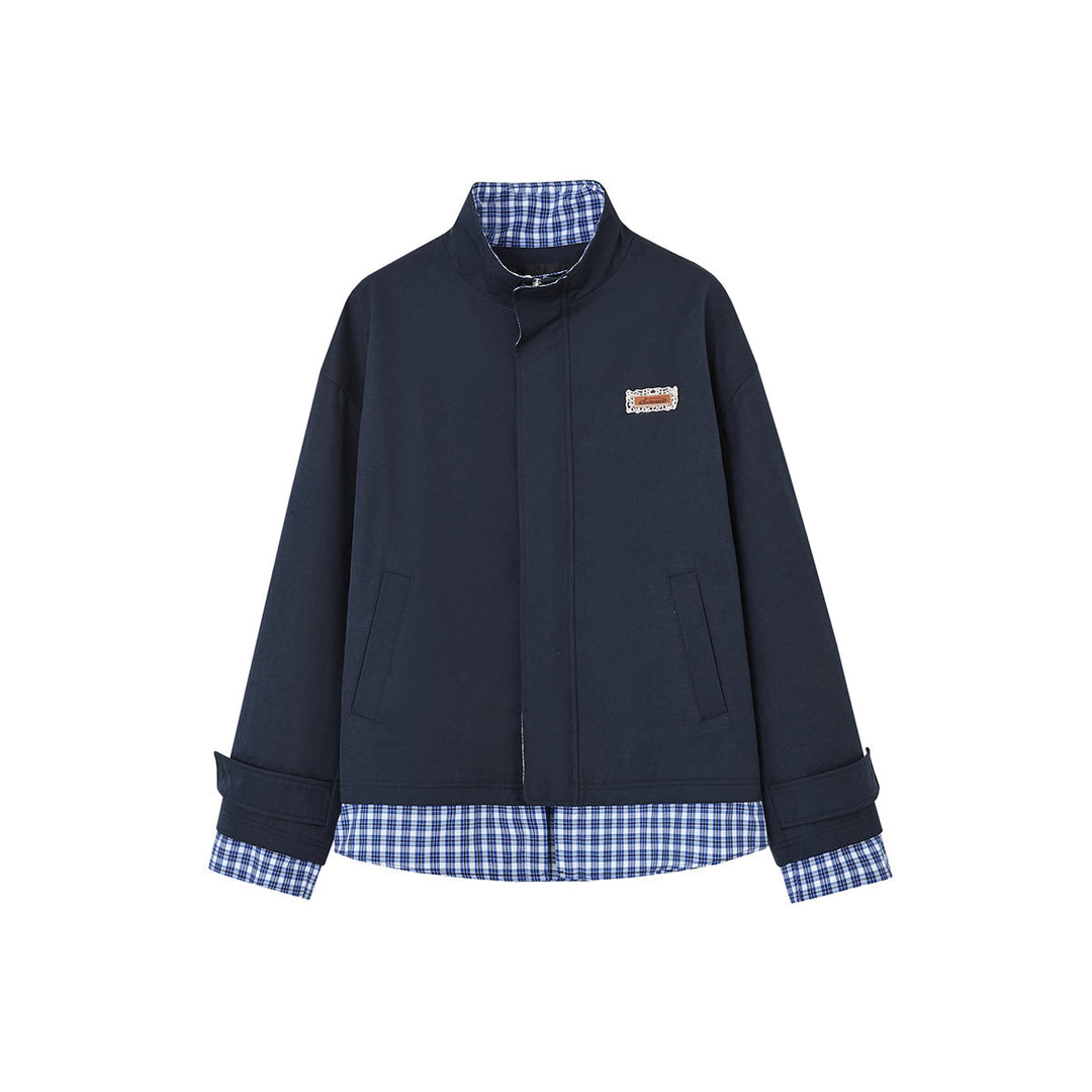 SomeSowe Plaid Patchwork Stand Collar Jacket Navy Blue