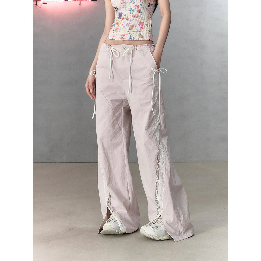 Via Pitti Color Blocked Bow Lace Patchwork Cargo Pants Pink