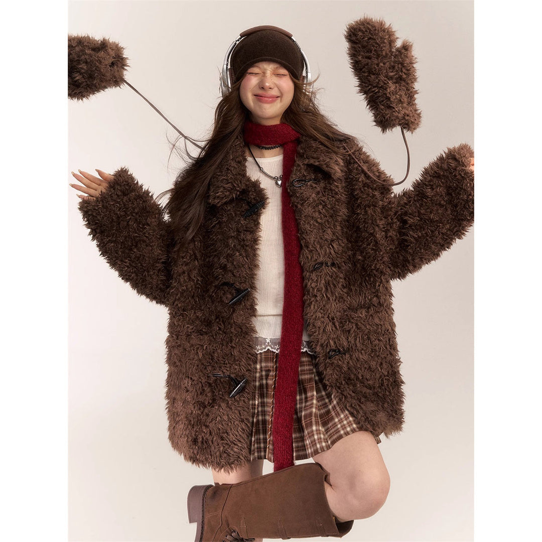 AsGony Horn Button Woolen Thicken Fur Coat Dark Brown