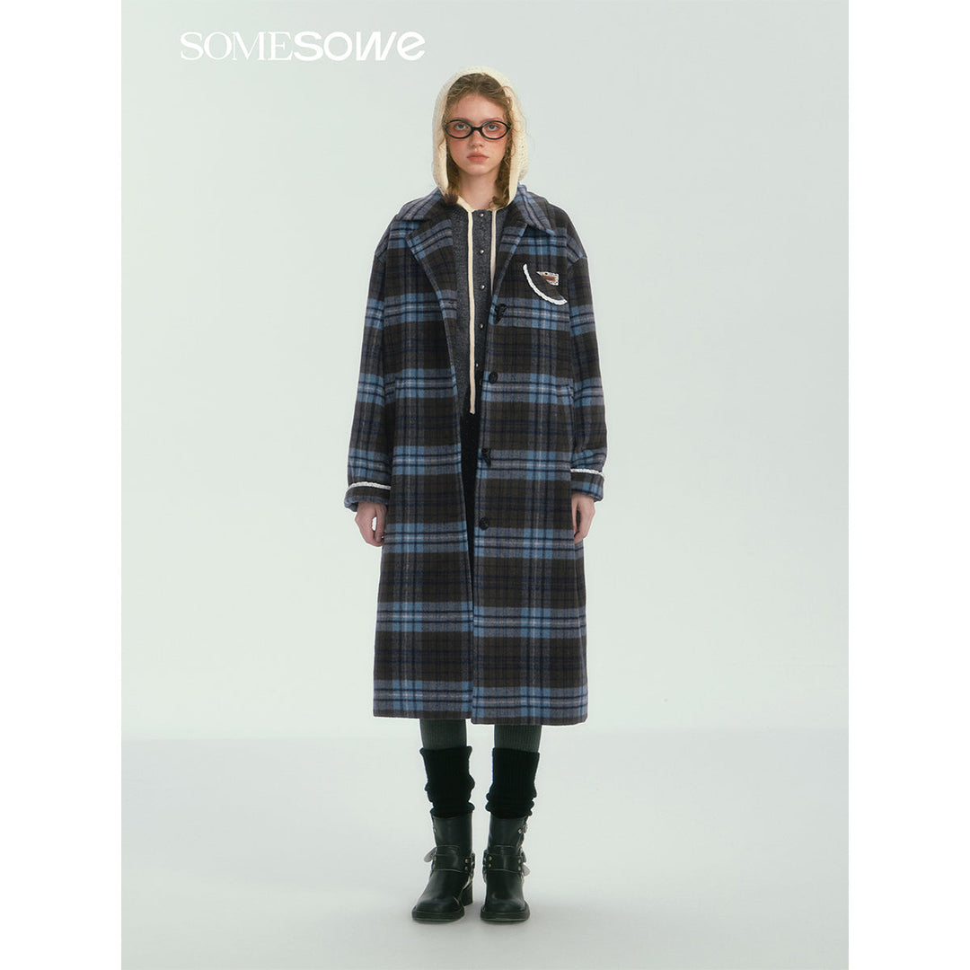 SomeSowe Contrast Color Plaid Tweed Long Coat