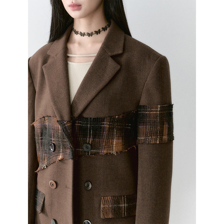 Via Pitti Heavy Plaid Patchwork Mid-Length Coat Brown