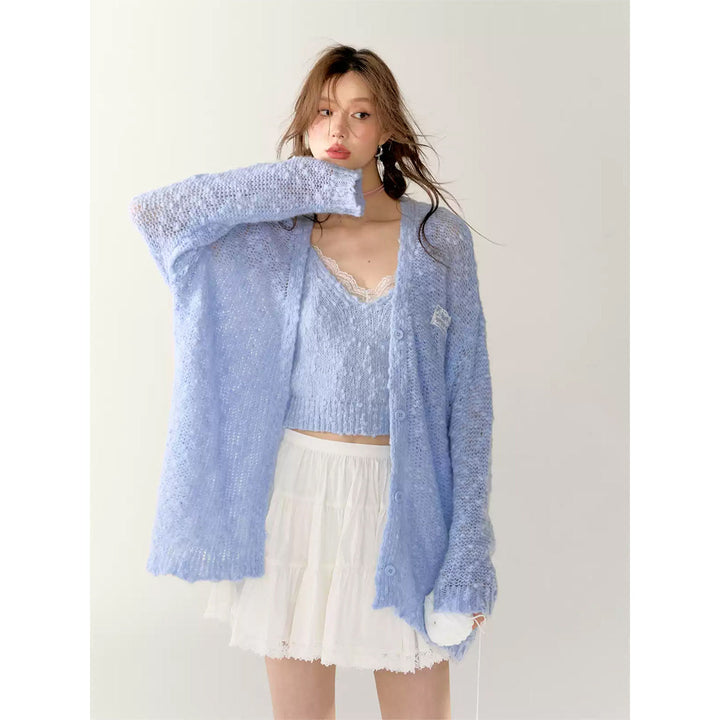 AsGony Lace Patchwork Knit Cardigan Blue