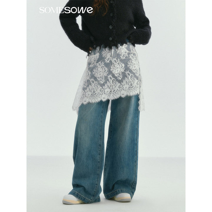 SomeSowe Lace Patchwork Wide-Leg Denim Pants