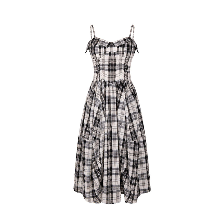 SomeSowe Pleated Checked Long Slip Dress