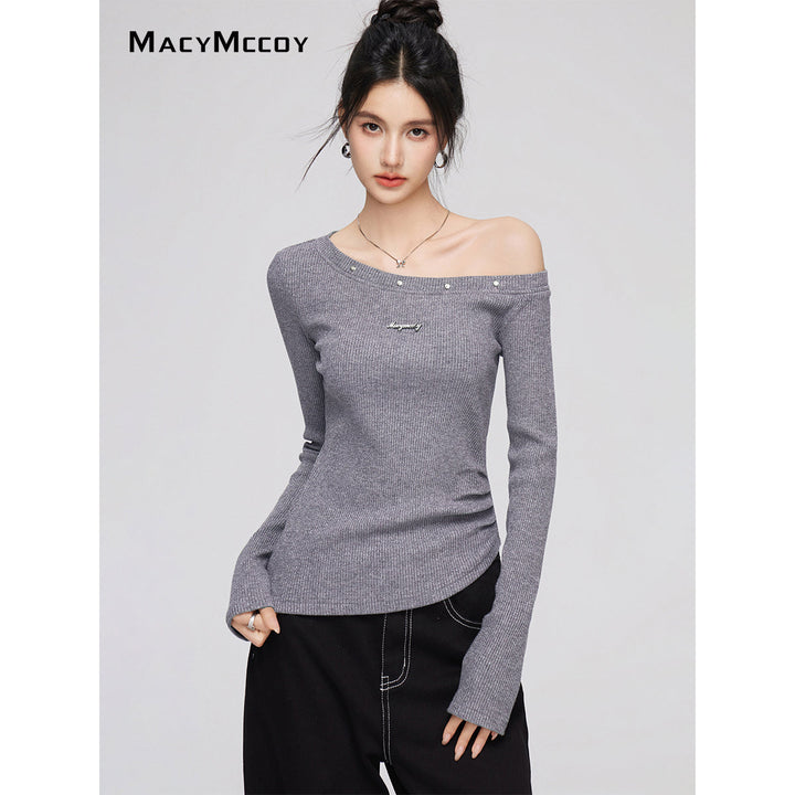 MacyMccoy Irregular Diagonal Shoulder Sparkly Silk Knit Top Gray