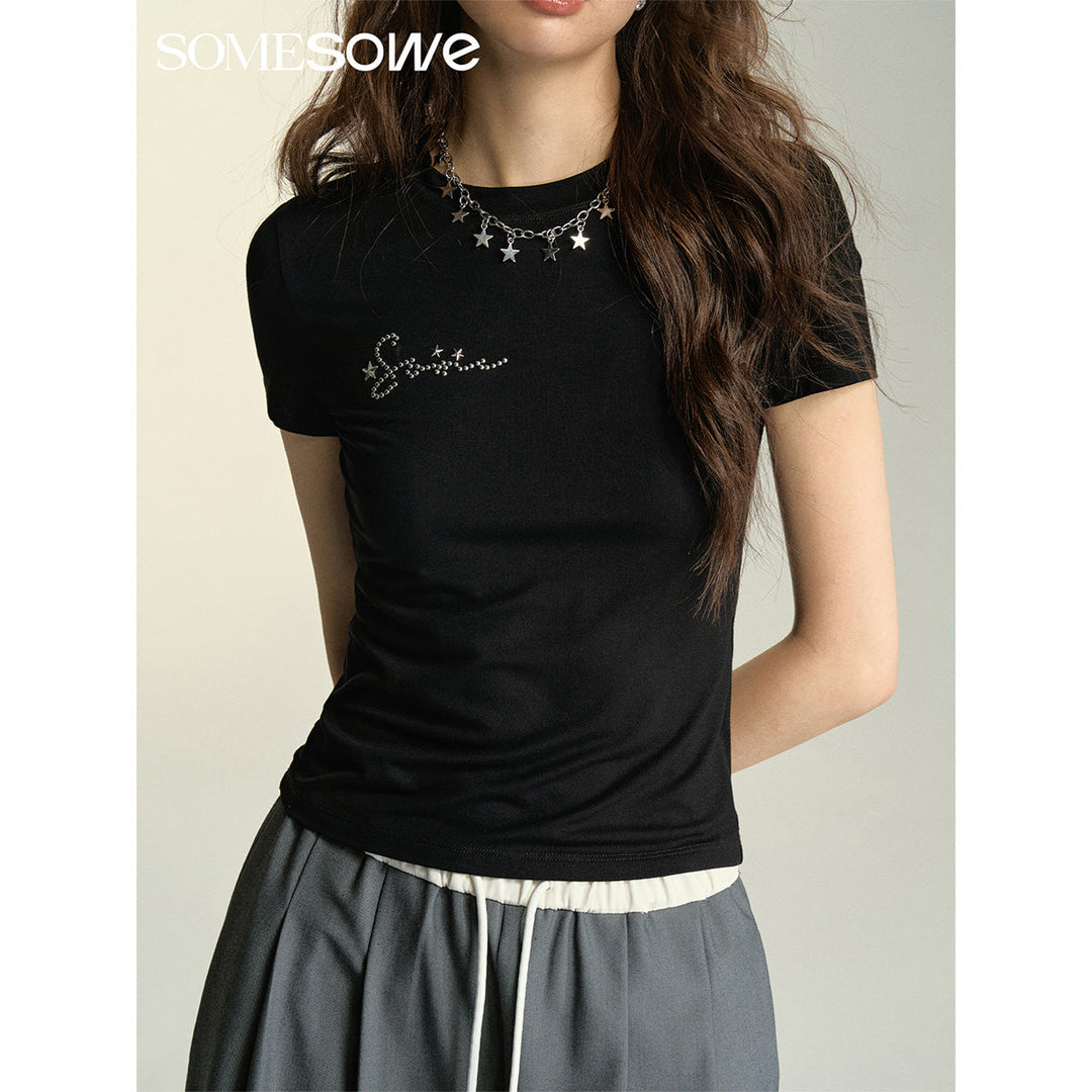 SomeSowe Stretch Slim-Fit Star Rivets T-Shirt Black