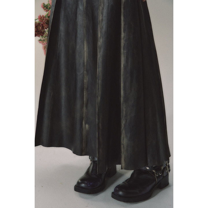 Via Pitti Brush-Off Leather Pleated Long Skirt - Mores Studio