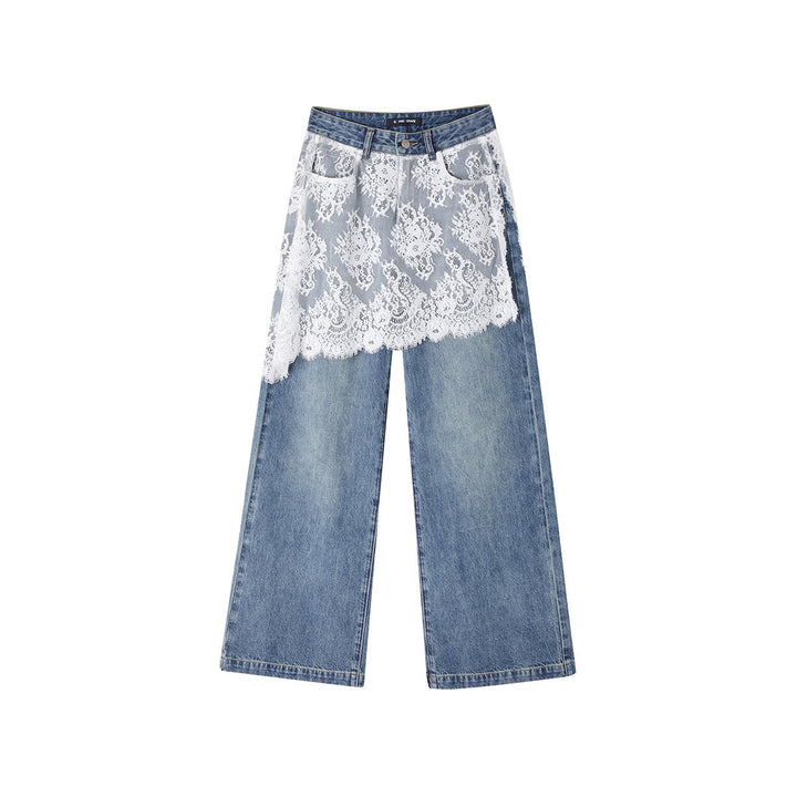 SomeSowe Lace Patchwork Wide-Leg Denim Pants