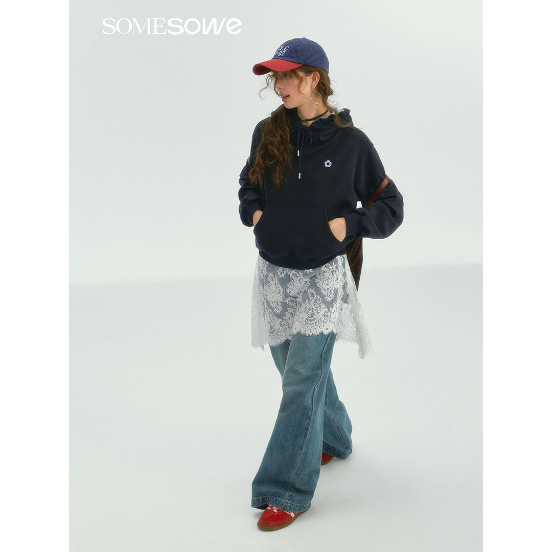 SomeSowe Contrast Color Floral Hoodie Navy Blue