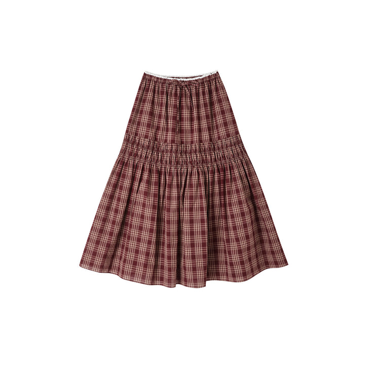 SomeSowe Lace Edge Plaid Drawstring Long Skirt Red