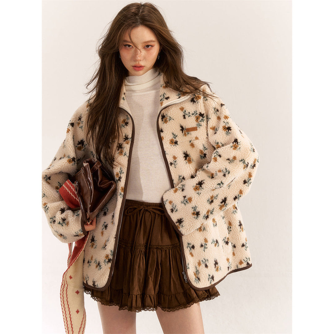 AsGony Retro Floral Lapel Woolen Padded Jacket