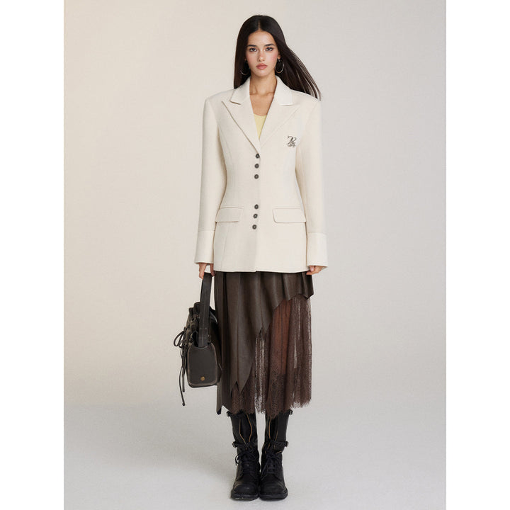 Via Pitti Heavy Patchwork Waisting Mid-Length Coat Beige