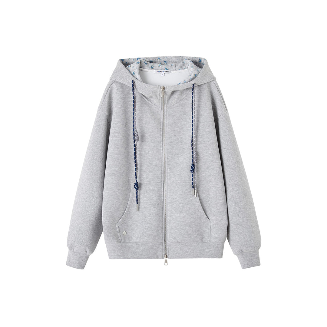 SomeSowe Contrast Color Drawstring Zip Up Hoodie Light Gray