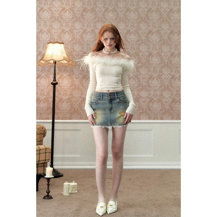 Via Pitti Detachable Ostrich Feather Knit Top White - Mores Studio