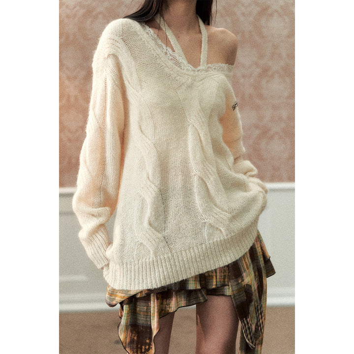 Via Pitti Lace Patchwork Mohair Sweater Cream - Mores Studio