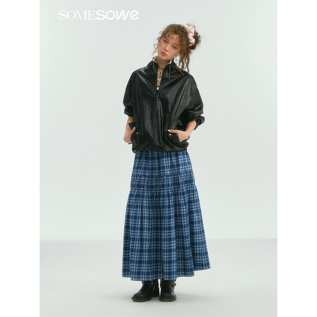 SomeSowe Lace Edge Plaid Drawstring Long Skirt Blue