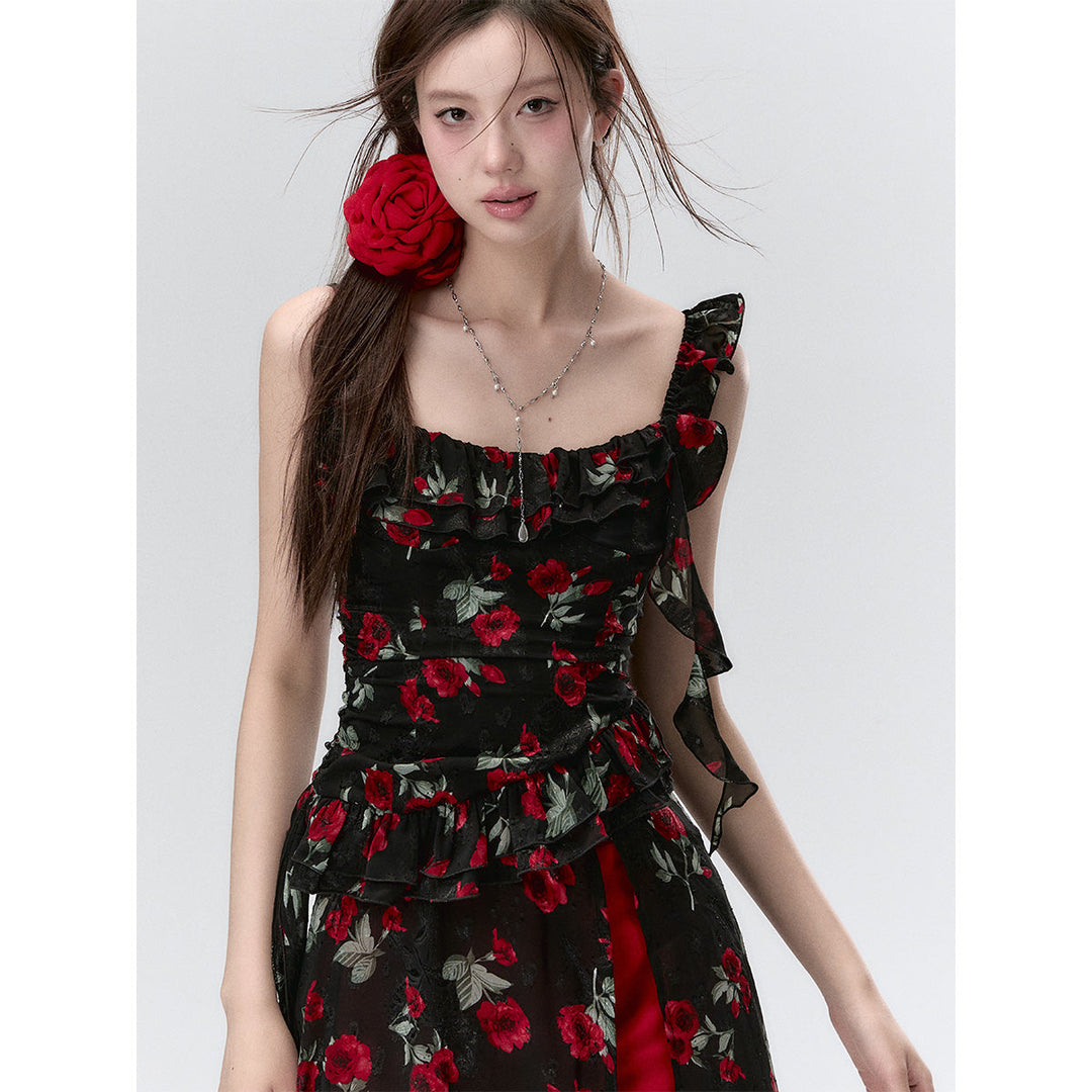 Via Pitti Detachable Two-Piece Floral Midi Dress Black