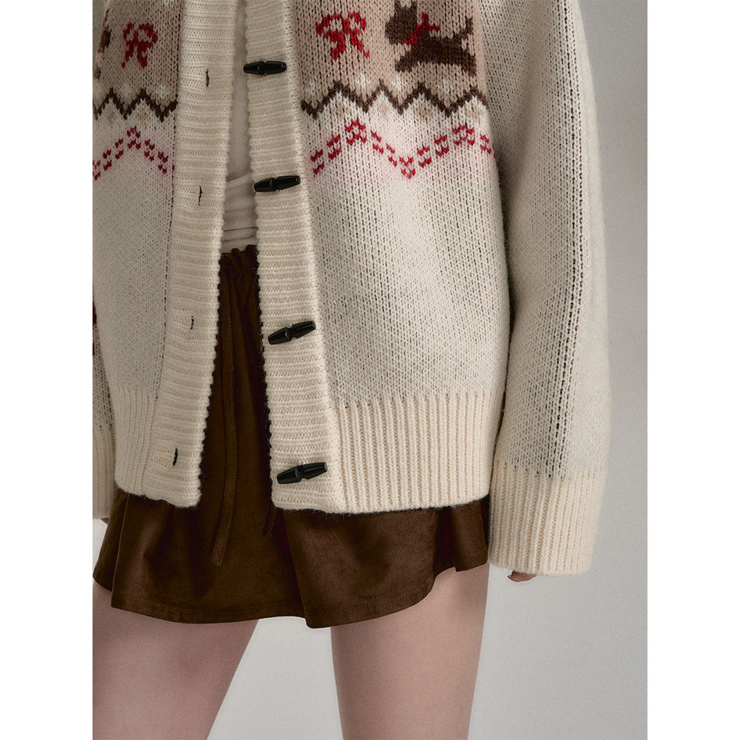 Via Pitti Fair Isle Puppy Loose Knit Cardigan Beige