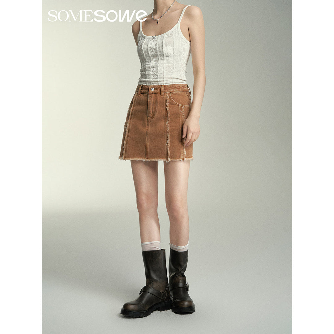 SomeSowe Destroyed Denim Skirt Brown