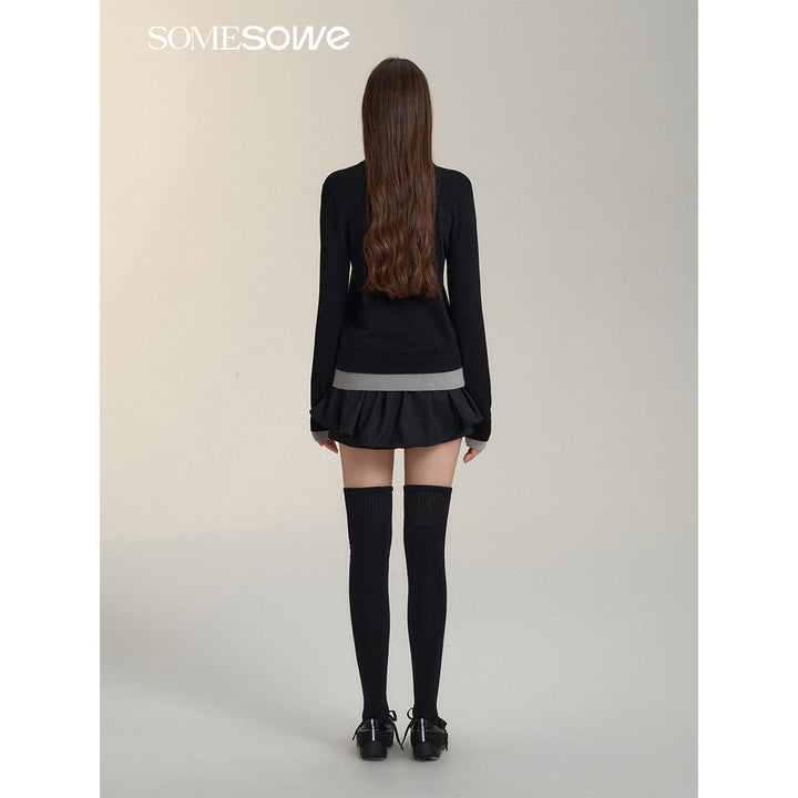 SomeSowe Fake-2-Piece Bow Knit Polo Cardigan Black