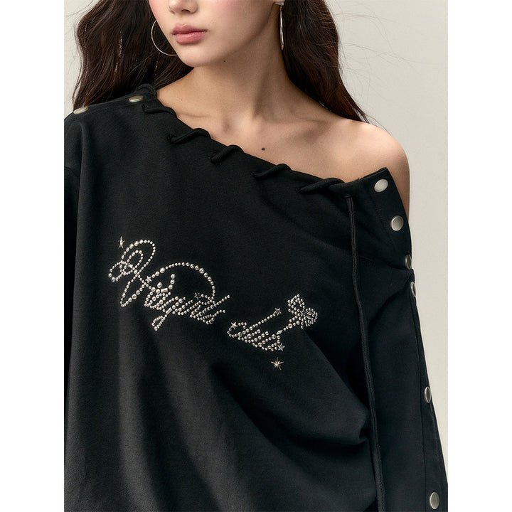 Via Pitti Nail Button Off-Shoulder Loose Sweat Top Black