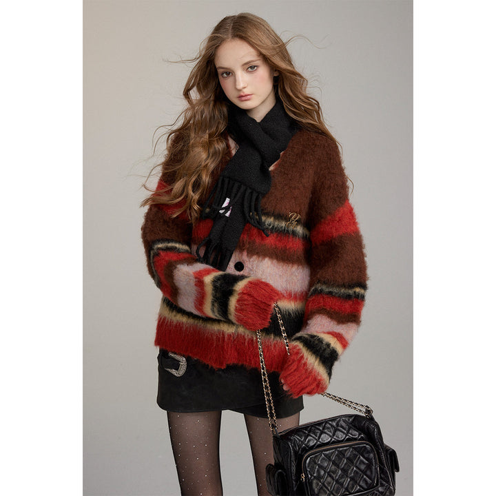 Via Pitti Pulled Fur Colored Striped Knit Cardigan Brown