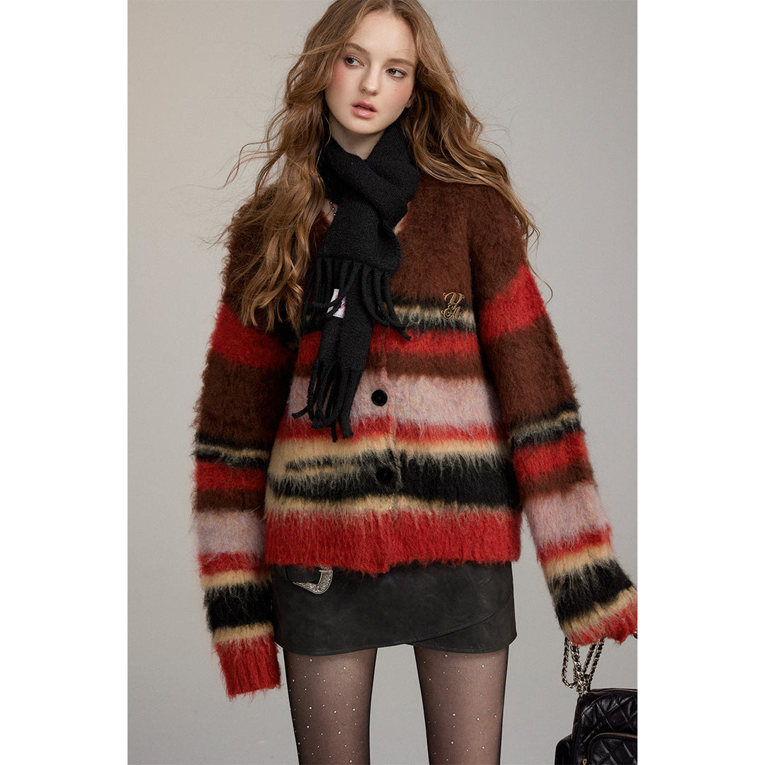 Via Pitti Pulled Fur Colored Striped Knit Cardigan Brown