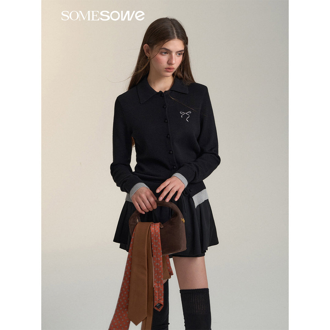 SomeSowe Fake-2-Piece Bow Knit Polo Cardigan Black