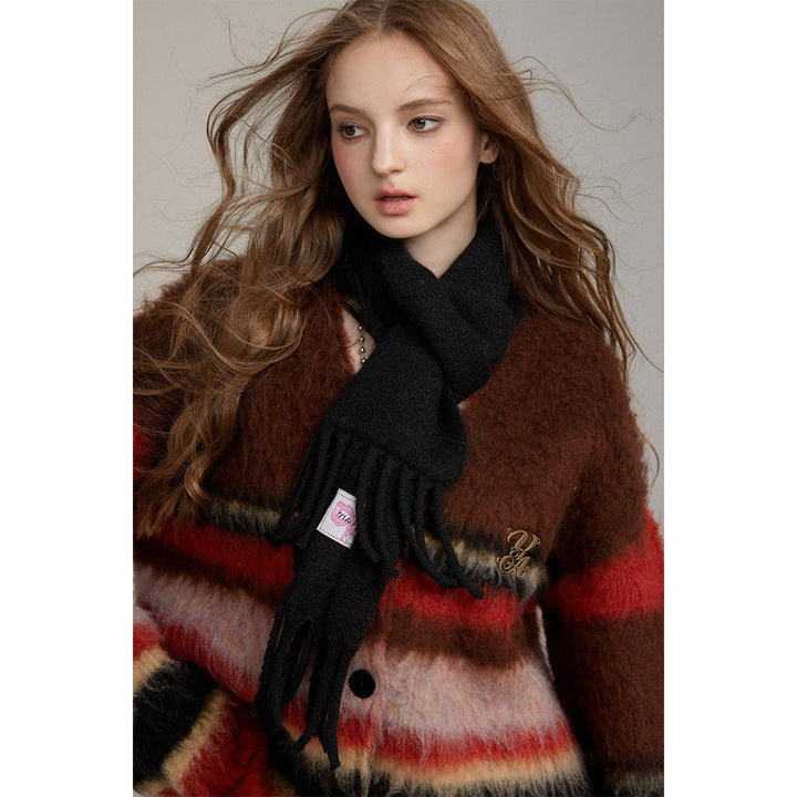 Via Pitti Pulled Fur Colored Striped Knit Cardigan Brown