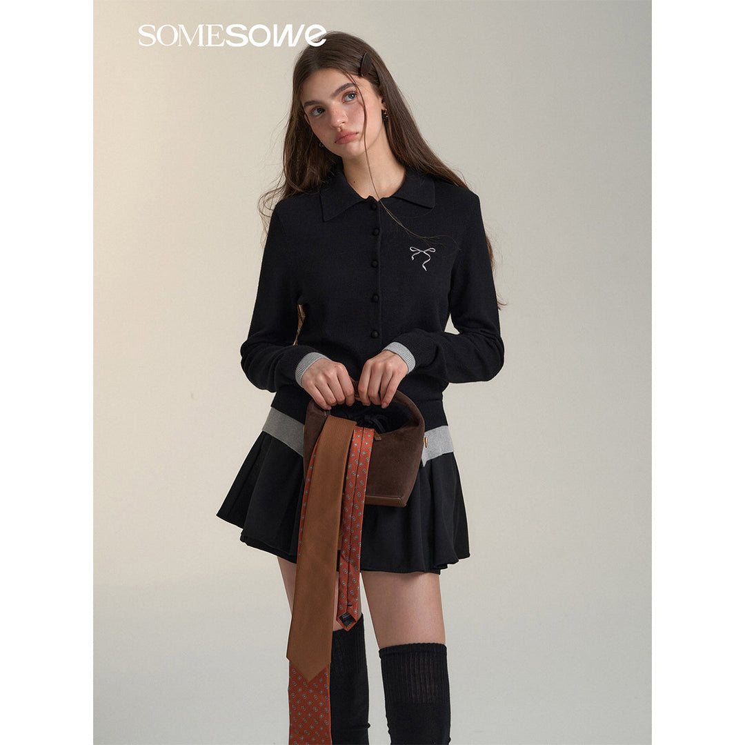 SomeSowe Fake-2-Piece Bow Knit Polo Cardigan Black