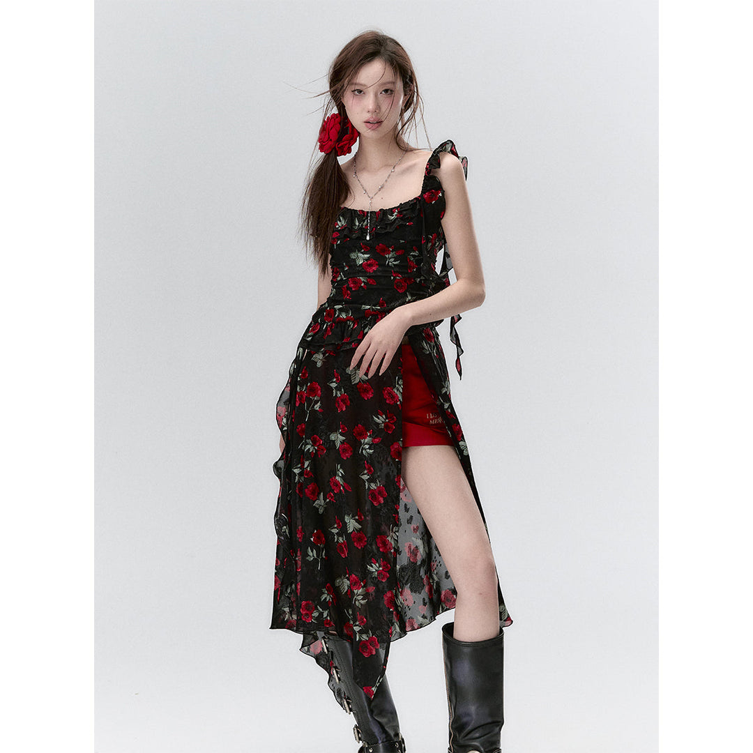 Via Pitti Detachable Two-Piece Floral Midi Dress Black