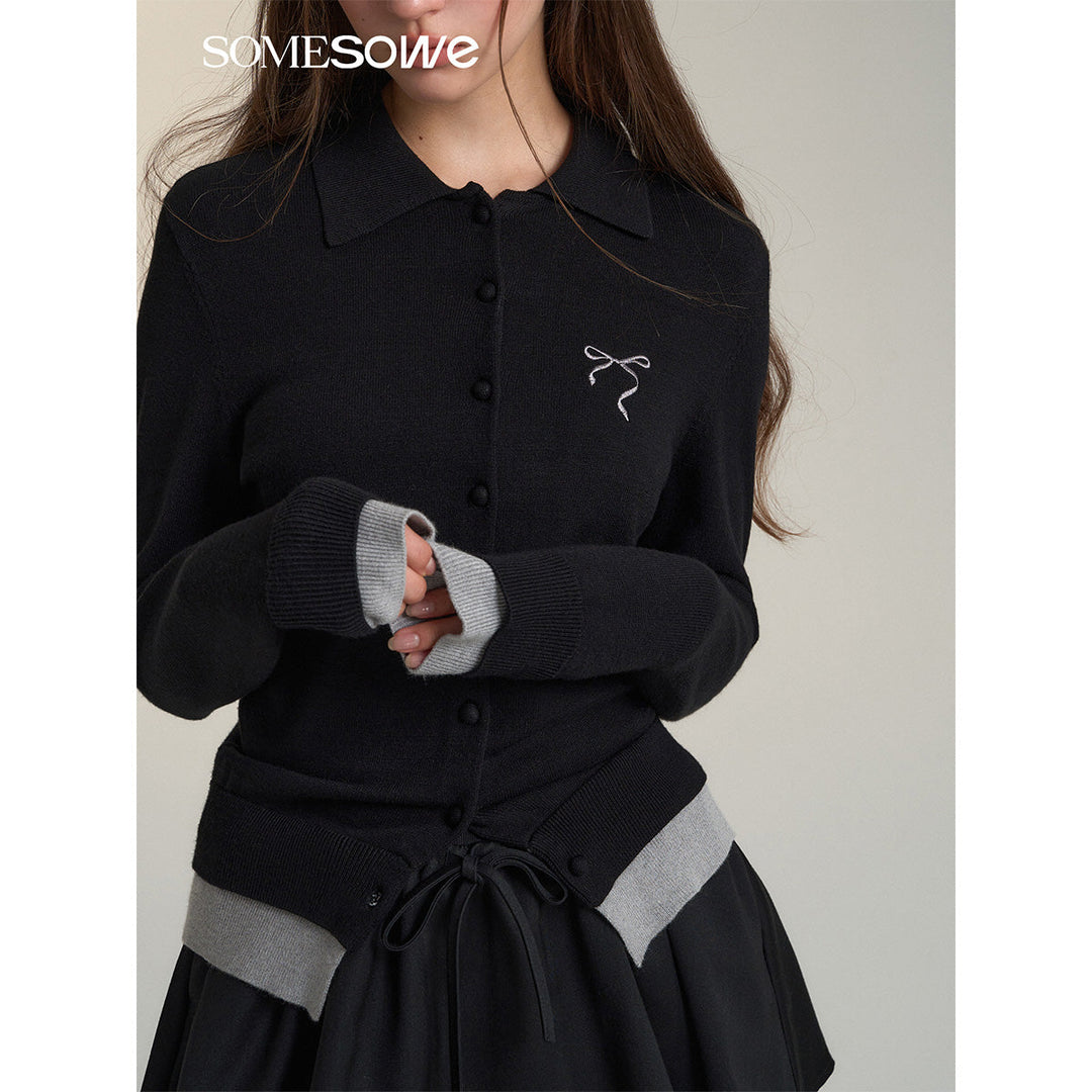 SomeSowe Fake-2-Piece Bow Knit Polo Cardigan Black