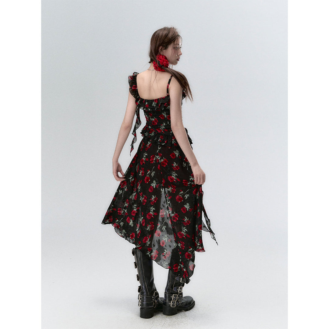 Via Pitti Detachable Two-Piece Floral Midi Dress Black