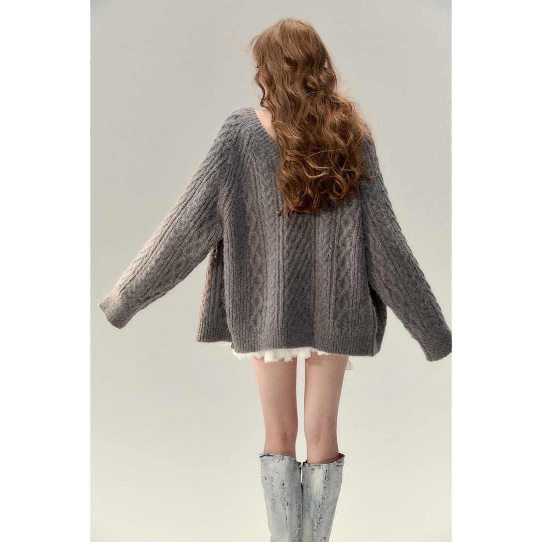 Via Pitti Two-Way Twist Knit Woollen Cardigan Grey - Mores Studio