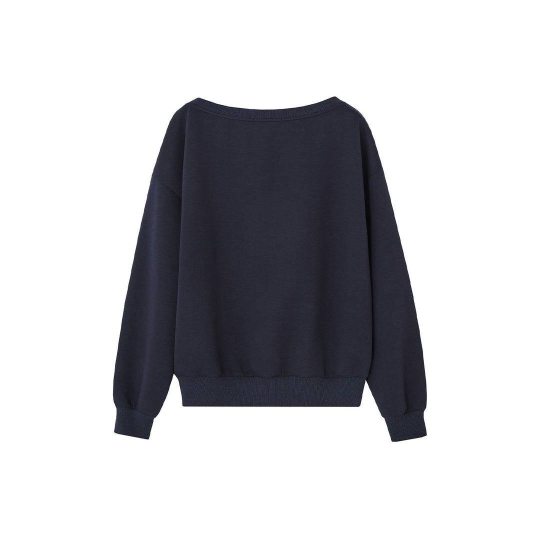 SomeSowe Lace Edge Boat Neck Casual Sweatshirt Navy Blue