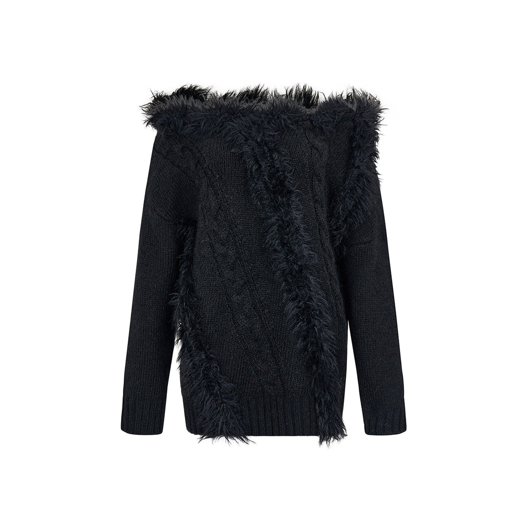 Via Pitti Off Shoulder Fur Integrated Knit Sweater Black - Mores Studio