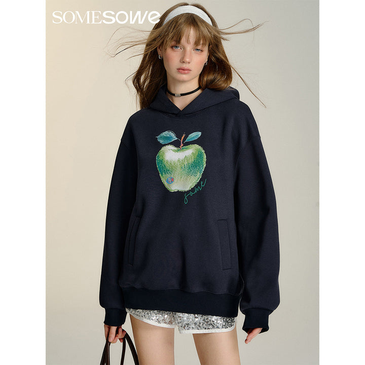 SomeSowe Green Apple Printed Hoodie Navy Blue