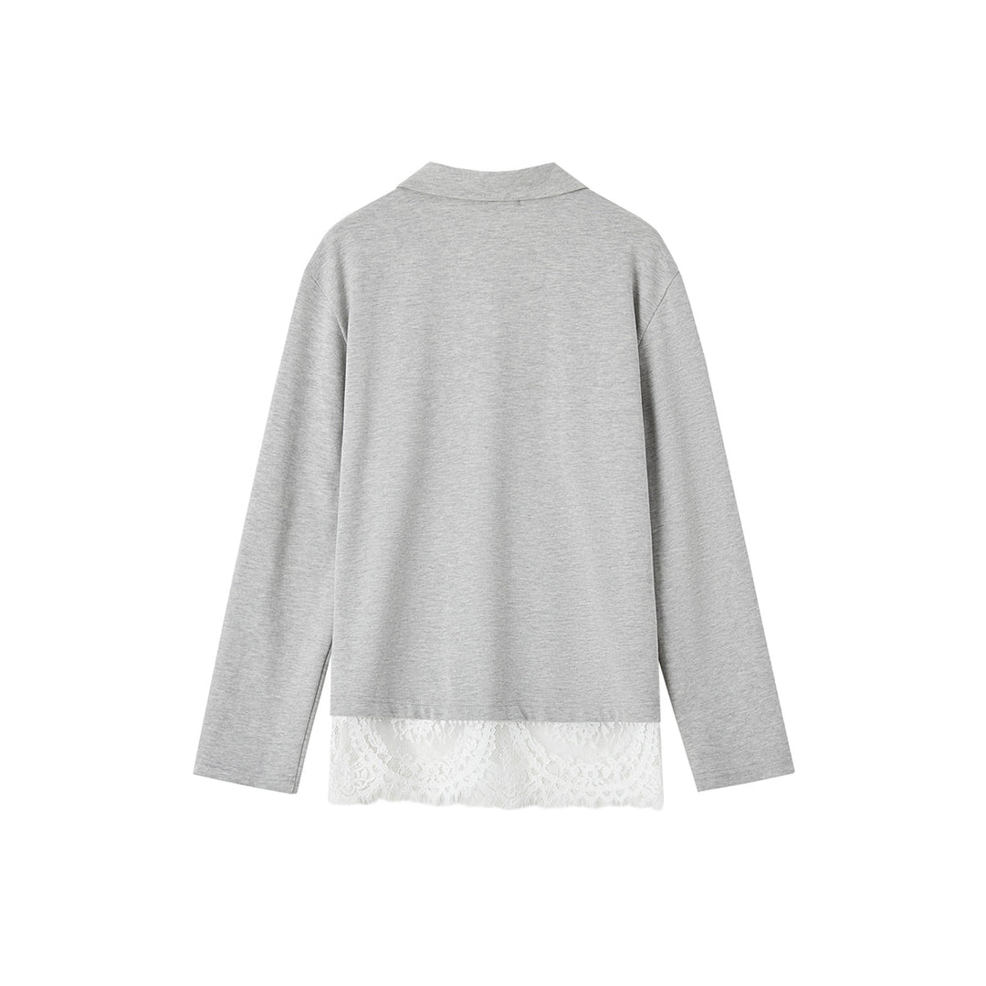 SomeSowe Lace Patchwork Polo Long Sleeve T-Shirt Gray