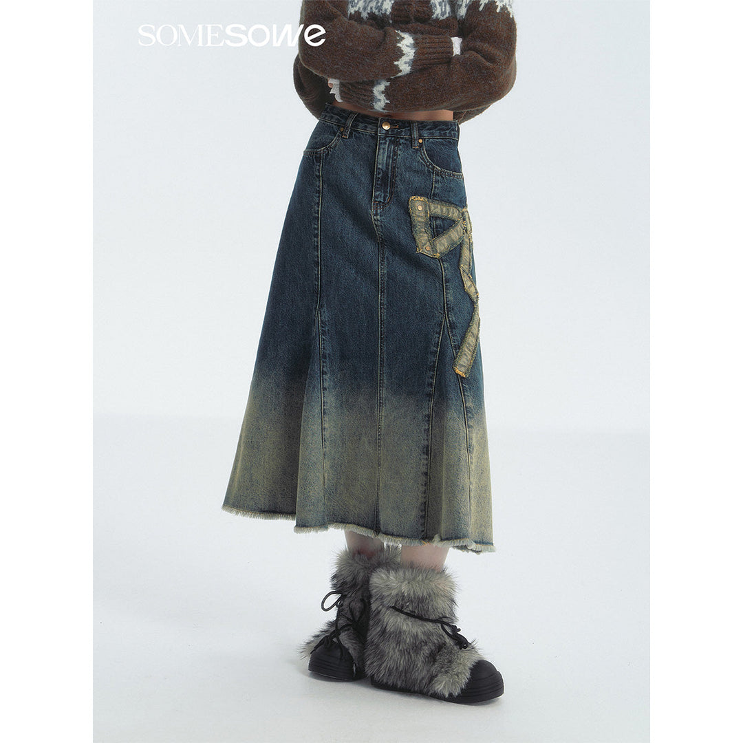 SomeSowe Gradient Bow Raw Edge Denim Long Skirt