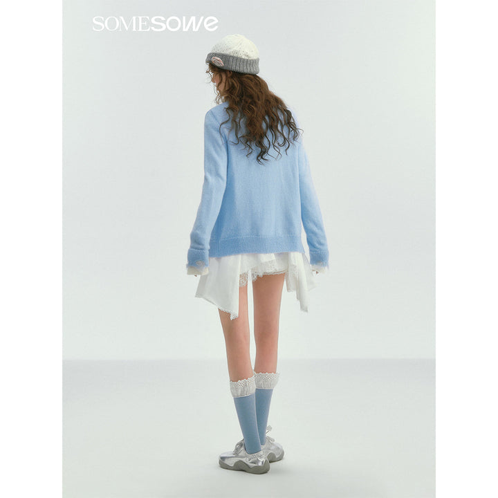 SomeSowe Color Blocked Lace Edge Knit Cardigan Blue