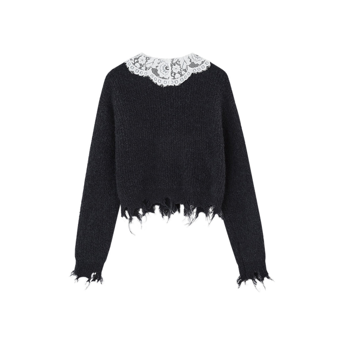 SomeSowe Lace Doll Collar Destroyed Cardigan Navy Blue