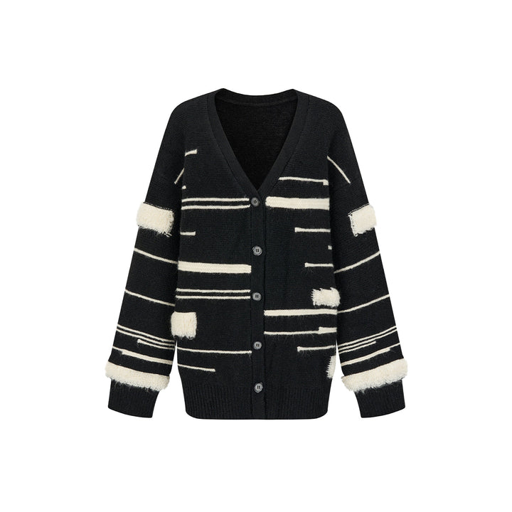 Via Pitti Color Blocked Striped V-Neck Knit Cardigan Black