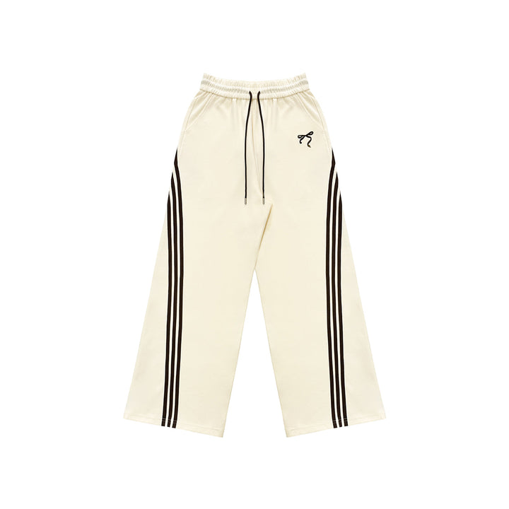 AsGony Contrast Color Bow Tie Striped Casual Pants Beige