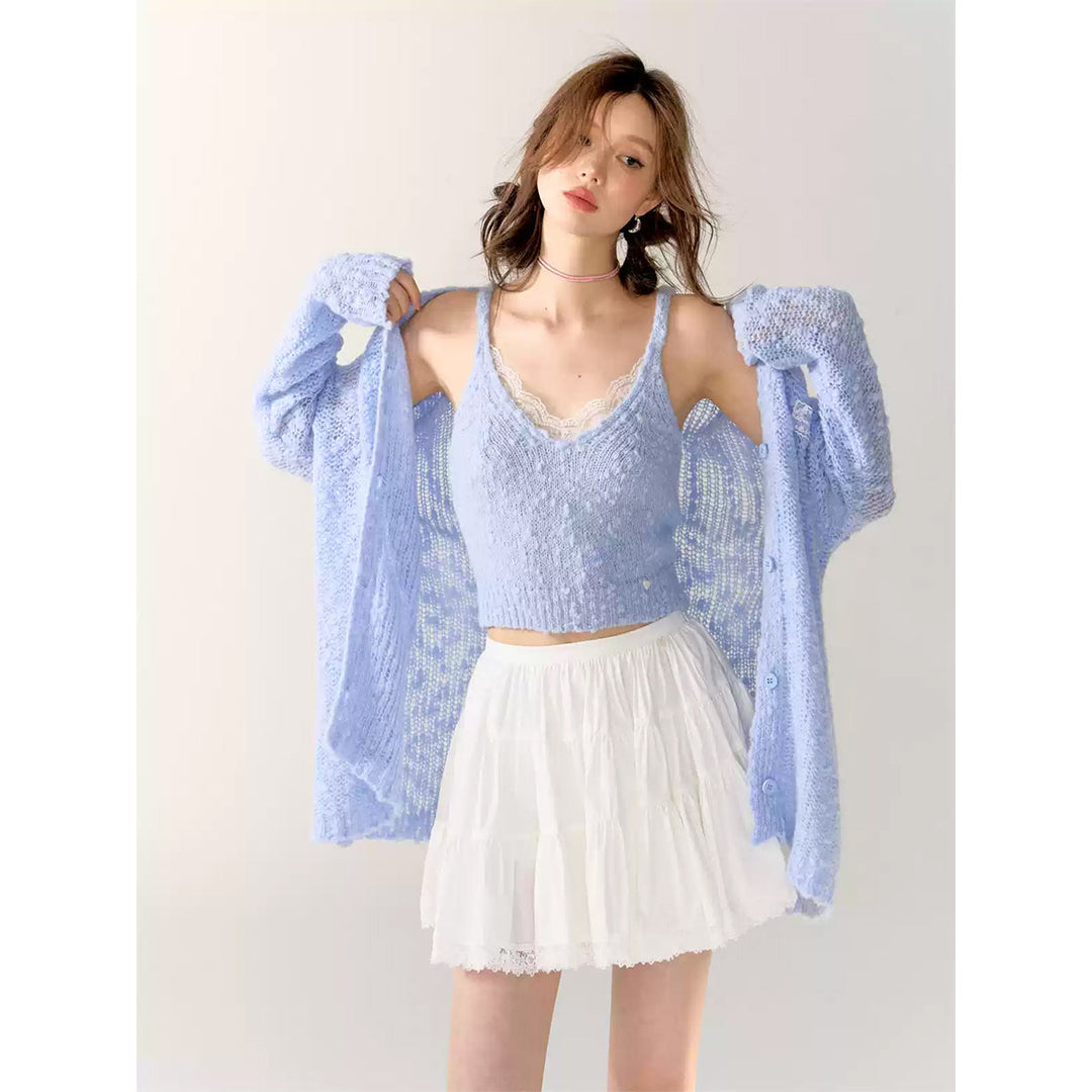 AsGony Lace Patchwork Knit Cardigan Blue