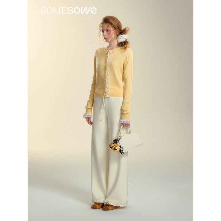 SomeSowe Lace Edge Round-Neck Knit Cardigan Yellow