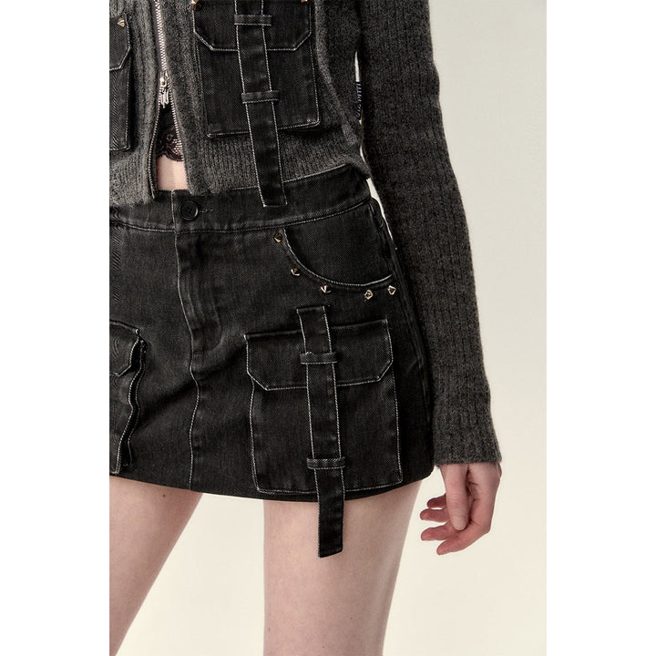 Via Pitti Washed Denim Cargo Skirt Shorts Black - Mores Studio