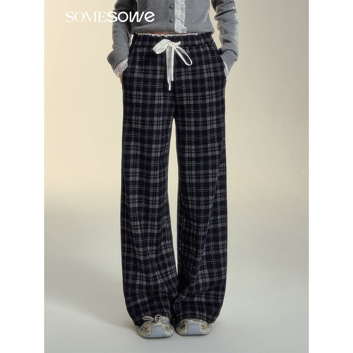 SomeSowe Lace Edge Plaid Casual Pants Black